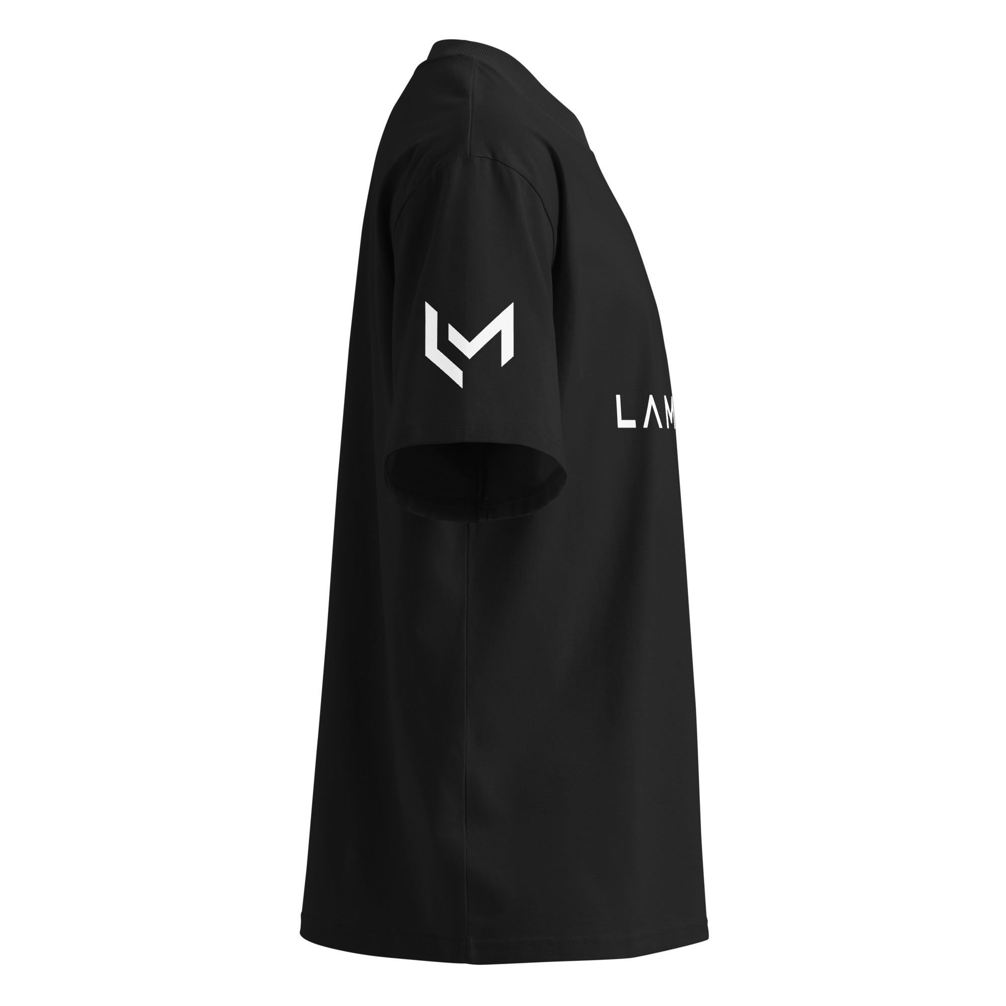 Oversized Unisex Bio-T-Shirt mit Lamaro Aufdruck Seitenansicht des LAMARO Oversized Bio-T-Shirts mit Logo am Ärmel