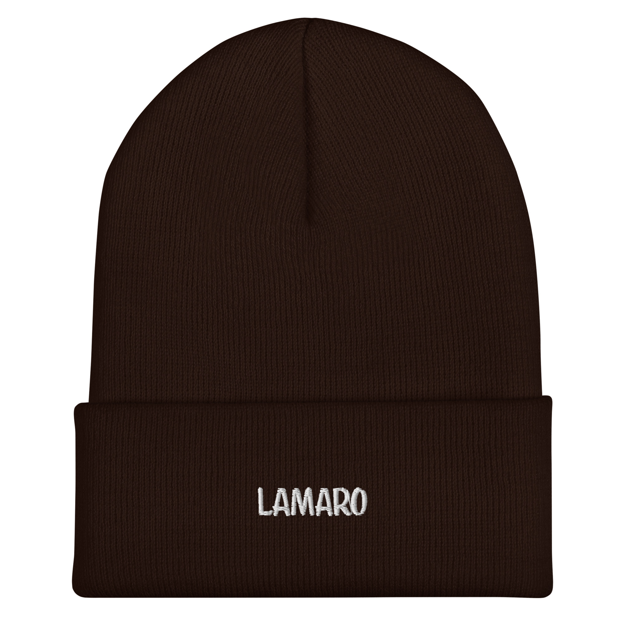 Beanie mit LAMARO-Schriftzug – Unisex Braune Beanie mit LAMARO-Schriftzug und Umschlag